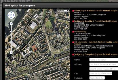 New 'find a pitch' dialog screen.